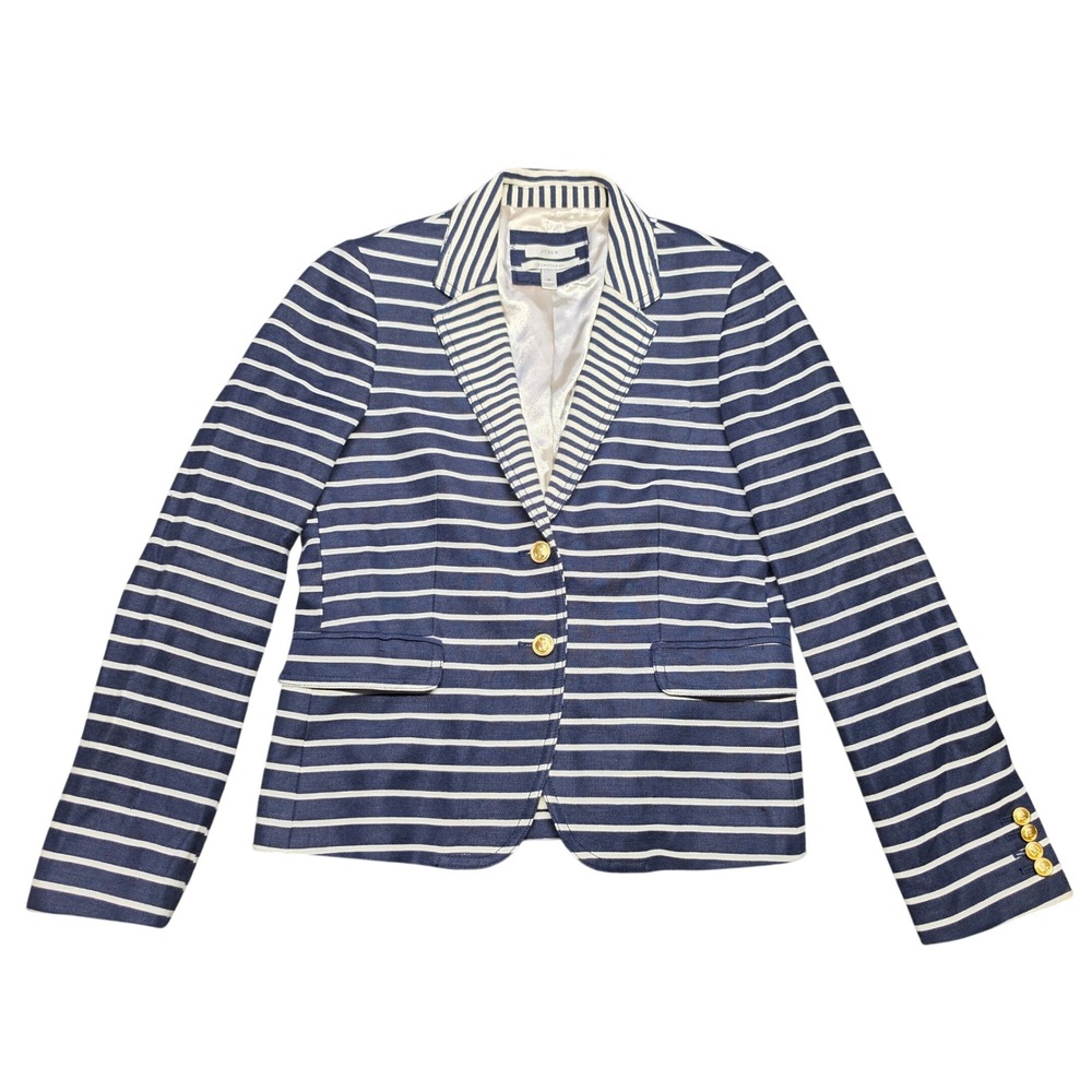 J.Crew Schoolboy Blazer Navy White Womens 10 Striped Linen Cotton Gold Button